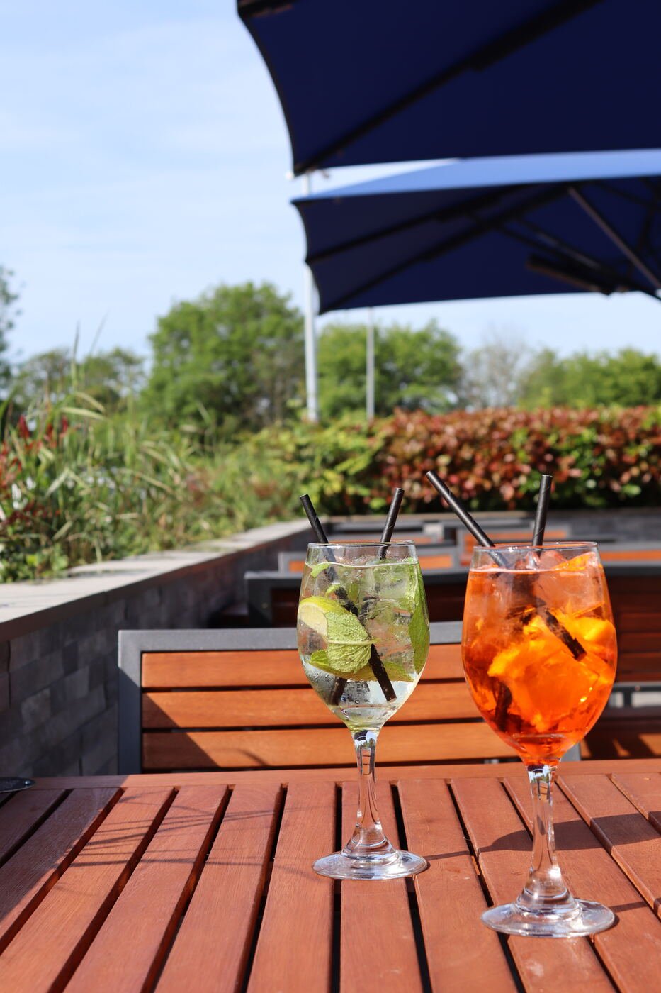 An orange spritz on a narrow wooden ledge against a red brick wall with climbing greenery